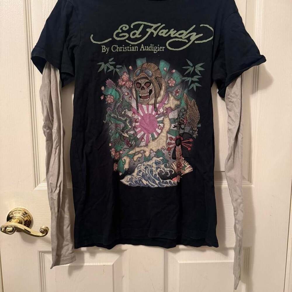 Ed Hardy Layered Long Sleeve Shirt Size S Black Graphic Y2K